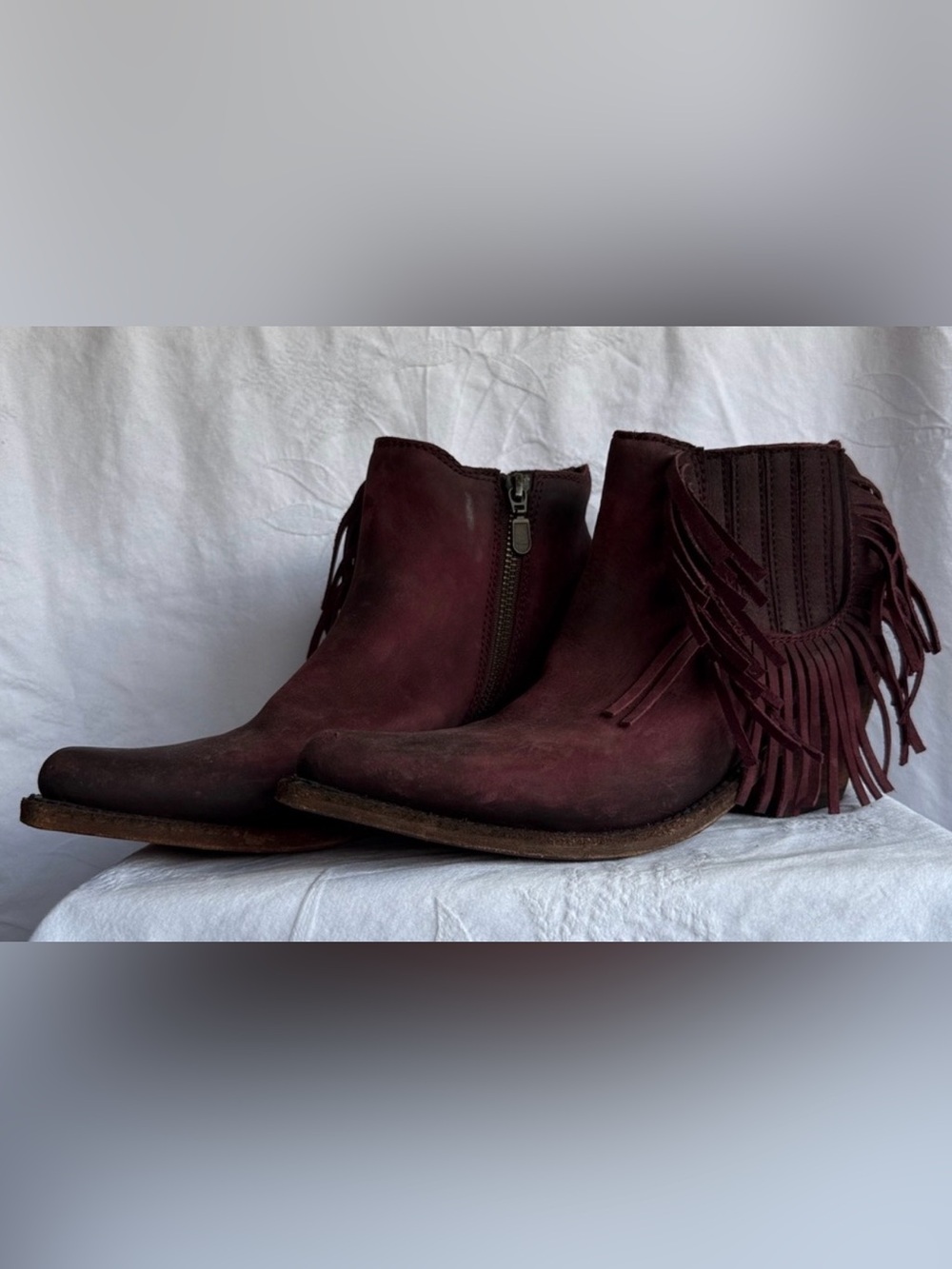 Liberty Black Fringe Ankle Cowboy Boots in Burgundy - Women Size 8